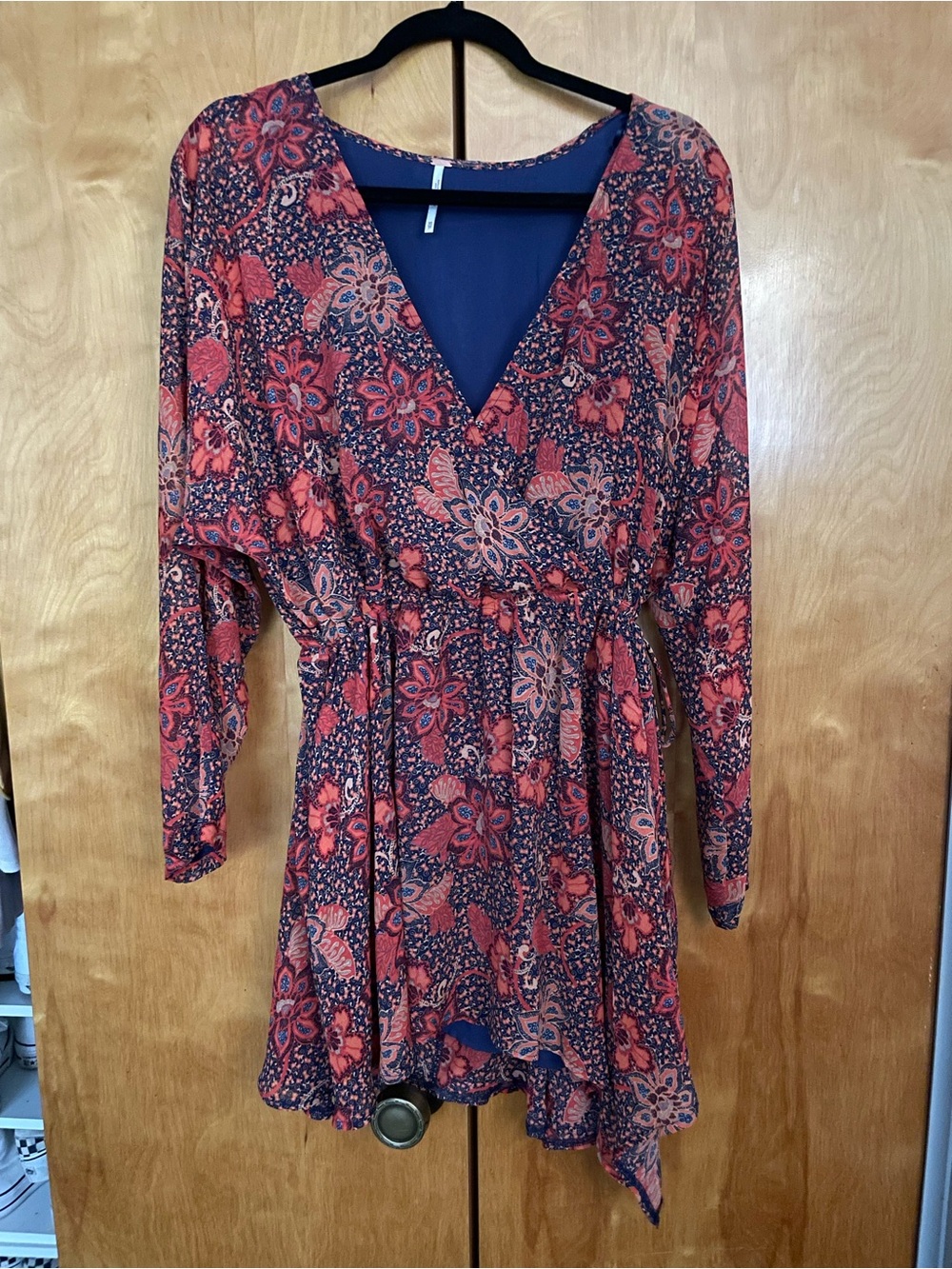 Free People red and Navy Floral Long Sleeve Dress